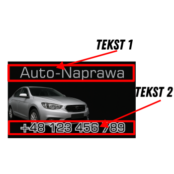 Baner reklamowy warsztatu samochodowego 100x60 cm z grafiką srebrnego auta i numerem telefonu – napis Auto-Naprawa, czarne tło.