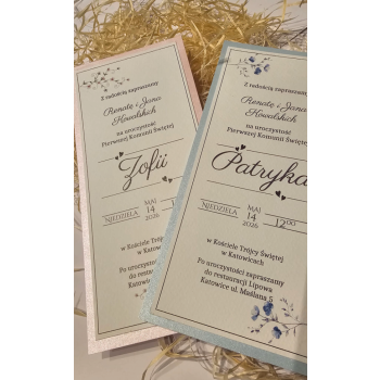 Zaproszenie na Pierwszą Komunię Świętą – eleganckie, z drewnianą ozdobą IHS